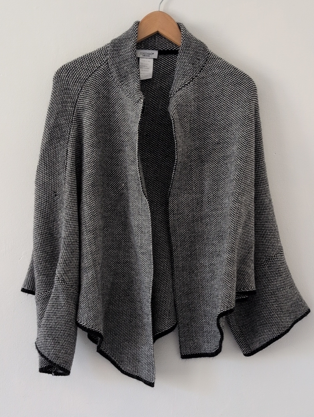 Cocogio Open Front Knit Poncho Cardigan Wool Blend Black & White OSFA